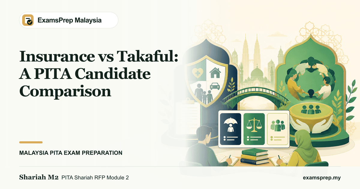A respectful side-by-side comparison of an insurance shield and a takaful mutual-aid circle connected by a study bridge, created for the Insurance vs Takaful: A PITA Candidate Comparison guide.
